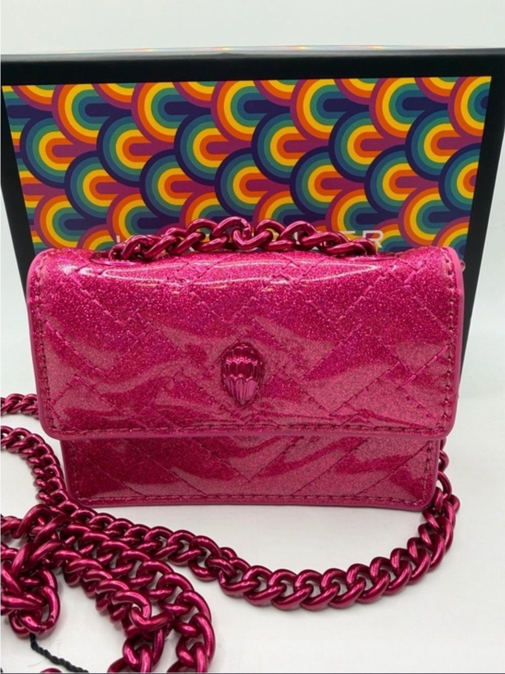 Kurt Geiger Hot Pink Glitter Mini Chain Shoulder Bag with box